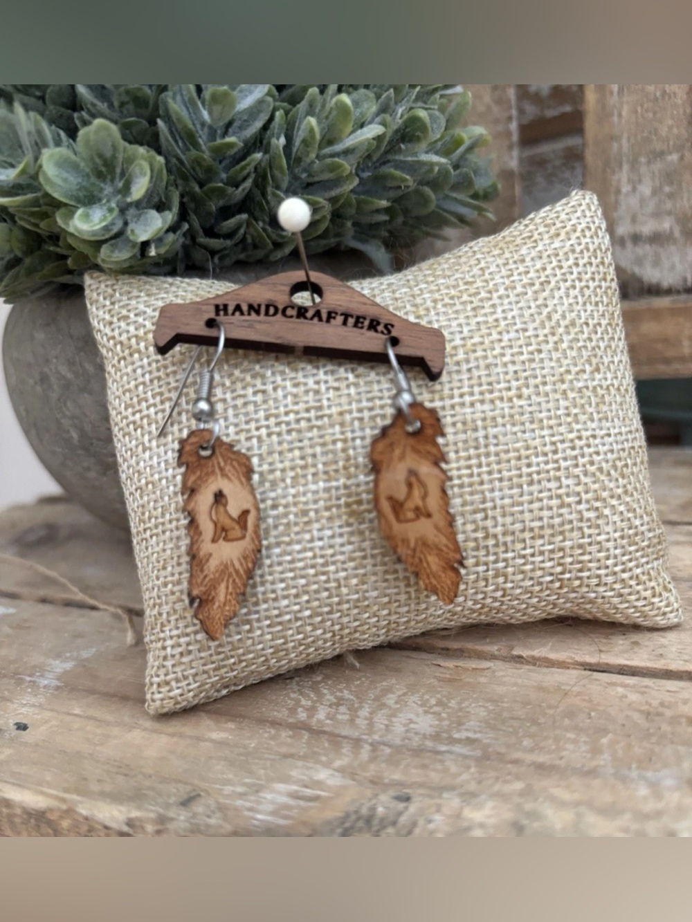Handcrafted Howling Coyote Feather Laser Cut Wood Earrings NEW!